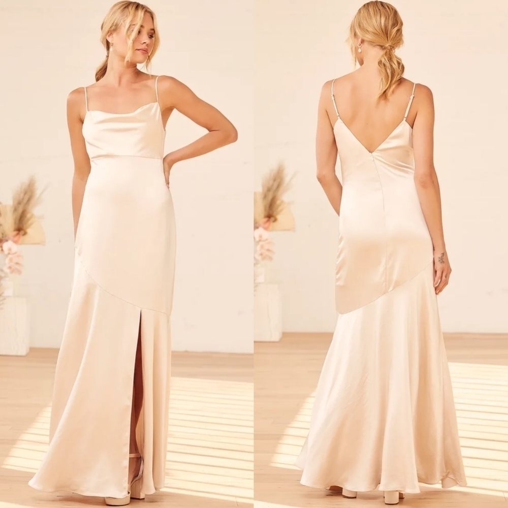Lulus Moment in the Spotlight Champagne Satin Cowl Neck Maxi Dress L Wedding